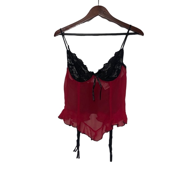 Sexy Vintage 90’s Red & Black Mesh Lace Corset Bustier Garter Straps Lingerie - Picture 11 of 14